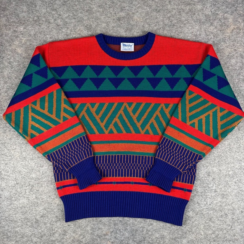 Vintage Meister Geometric Ski Sweater Wool Blend Retro Apres Mens Medium M *